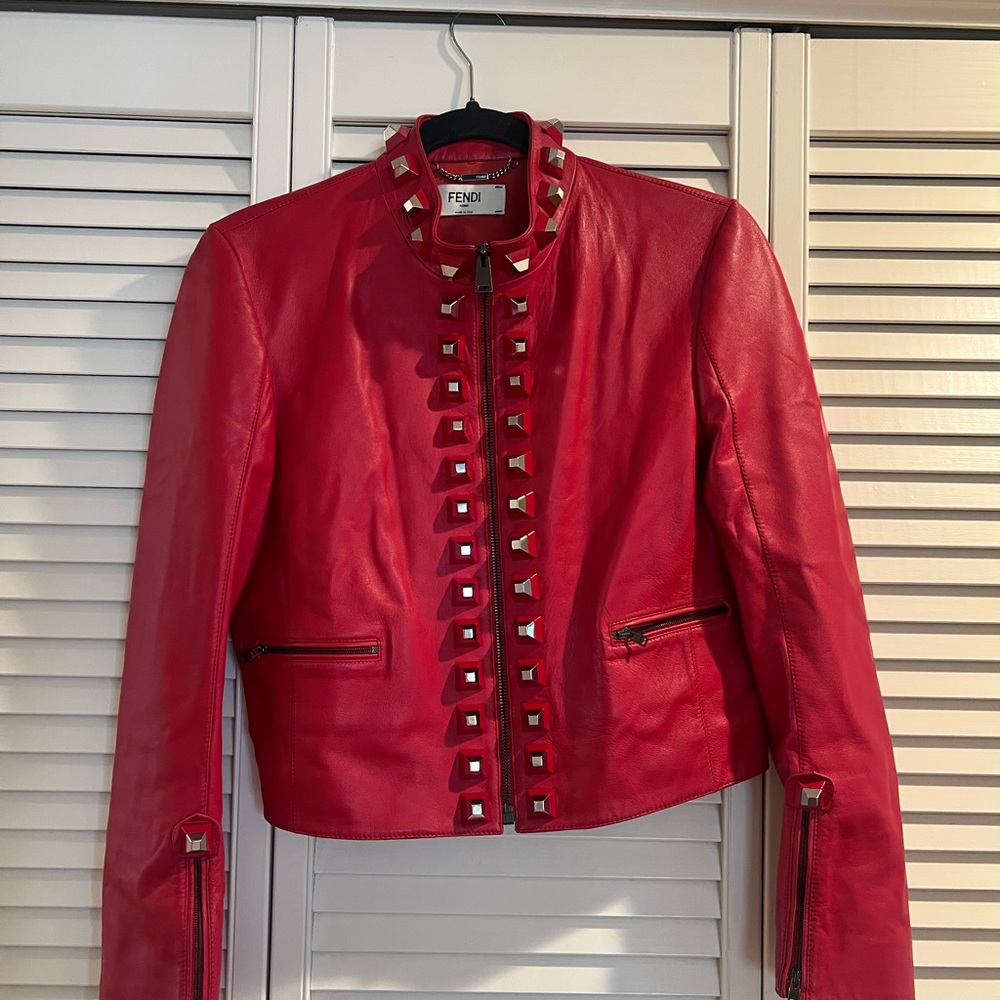 Vintage Fendi Red Leather Jacket with Studs